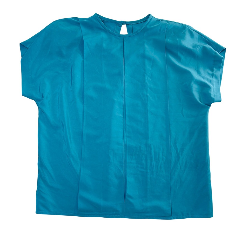 Vintage Vibrant Teal Blue Pleated Front Short Sleeve Blouse Keyhole Size Medium
